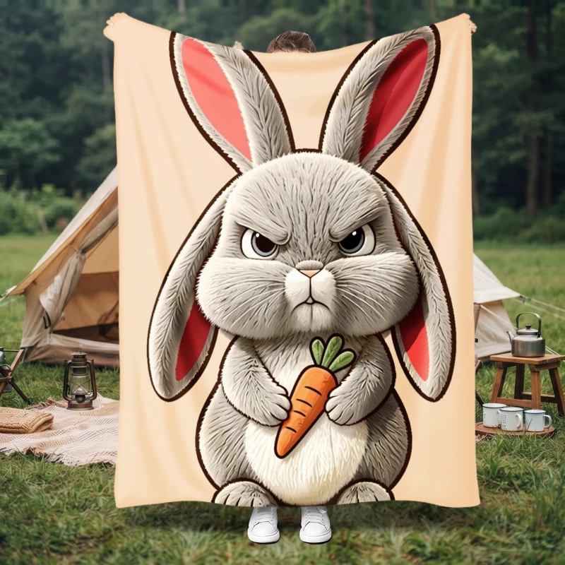 All-Season Flannel Blanket, 1pc, with Angry Rabbit Holding Carrot Print, Suitable for Family, Friends, Lovers, And Relatives, an