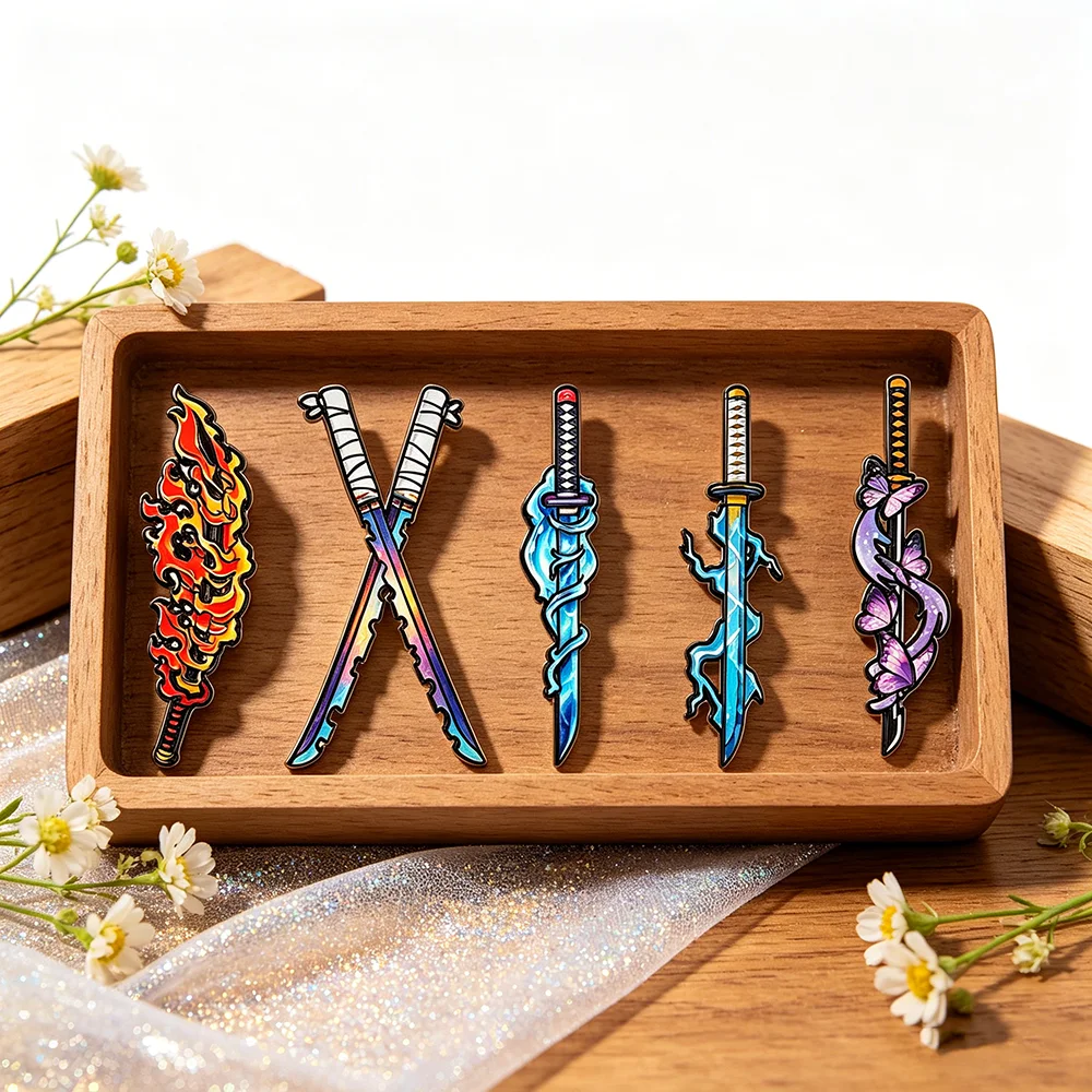 5pcs Demon Slayer Nichirin Sword Enamel Pins Set Anime Collectible Brooches Kimetsu No Yaiba Themed Lapel Pins for Fans - view 3