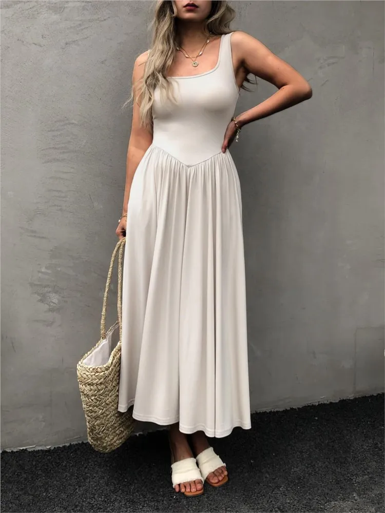 

Women's Solid Color Slim Camisole Dresses 2025 Pleated Square Neck Sleeveless A-Line Long Dress Elegant female Casual New Robe