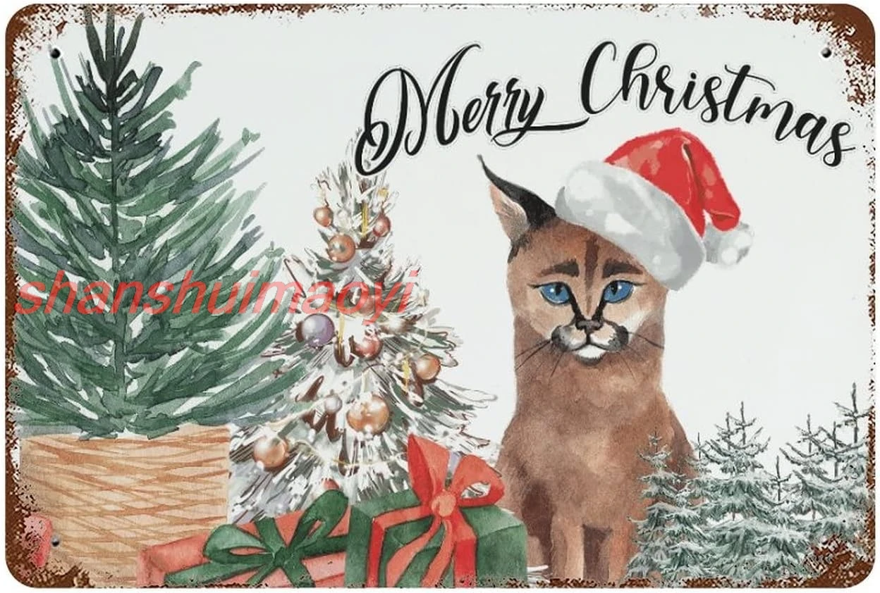 Custom Signs Outdoor Metal Meowy Christmas Cat Metal Tin Sign 8x12 Inch Cat Kitty Hat Art Tin Sign Vintage Metal Tin for Home Co