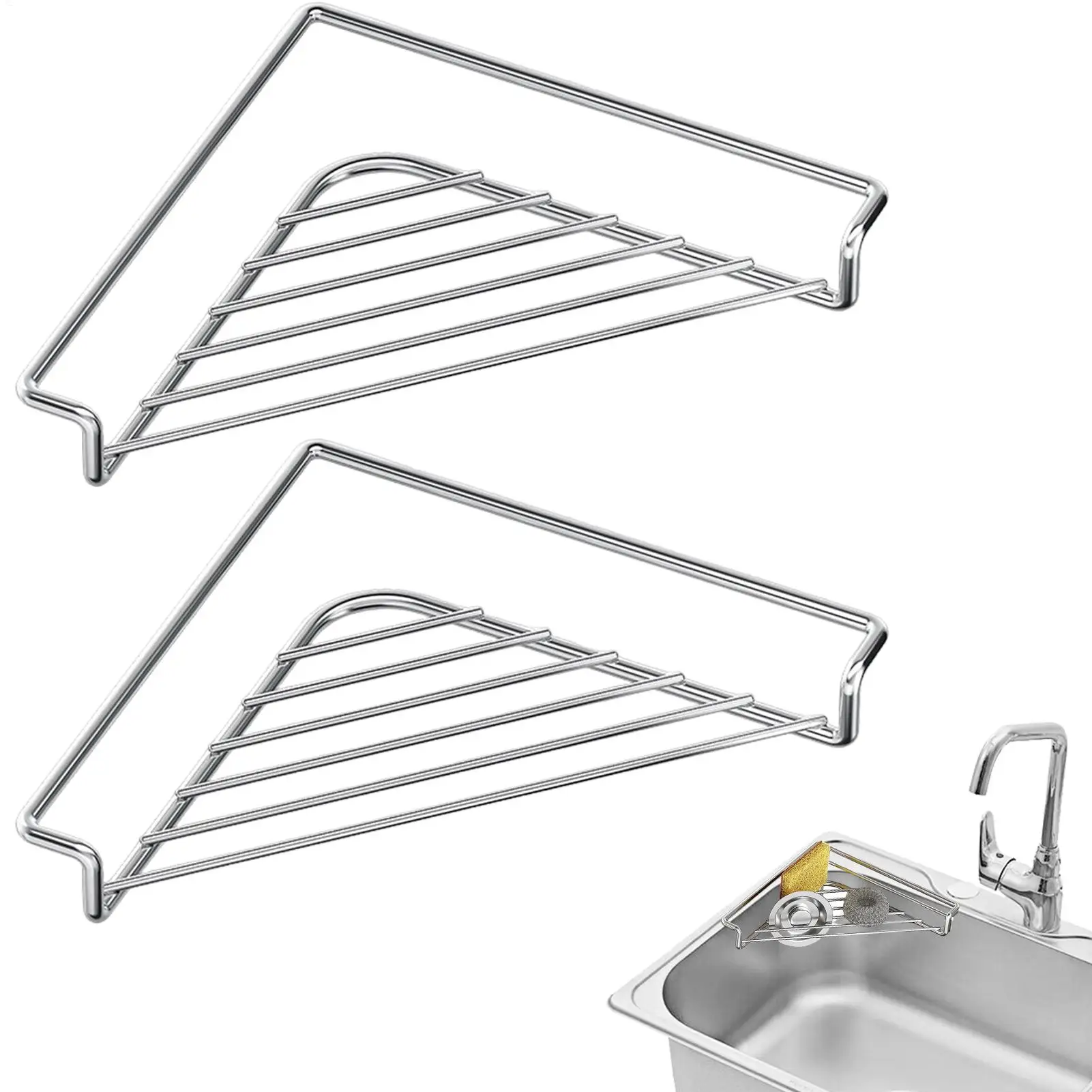 Stainless Steel Triangle Sink Caddy Rack Kitchen Sponge Dishcloth Drain Holder Space Saving Sink Edge Storage Organizer