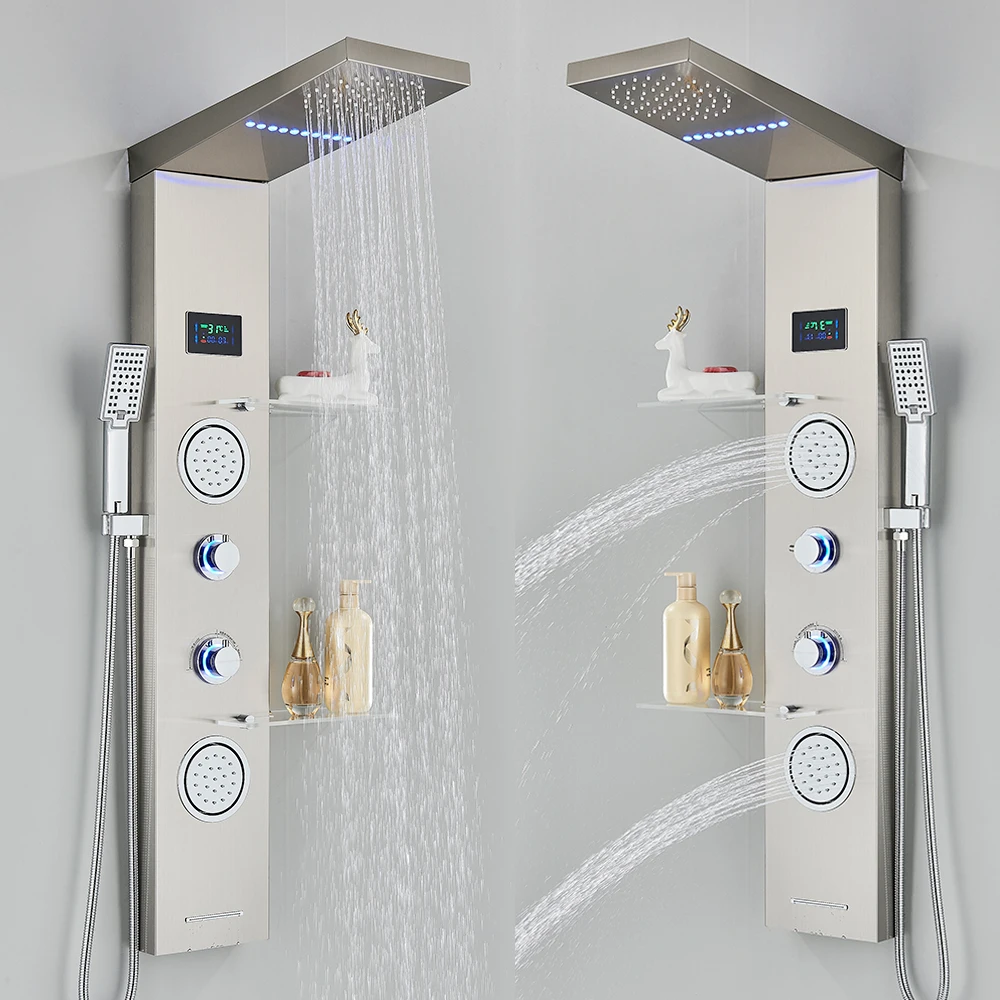 Brushed LED Light LCD Shower Faucet Bathroom SPA Massage Jet Shower Column System Waterfall Rain Shower Panel With Shelf Tap