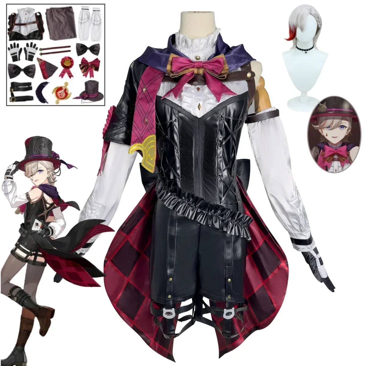 

Anime Genshin Dampak Lyney Kostum Cosplay Leather Witch Uniform Short Dress Halloween Carnival Game Women's Party Set costume