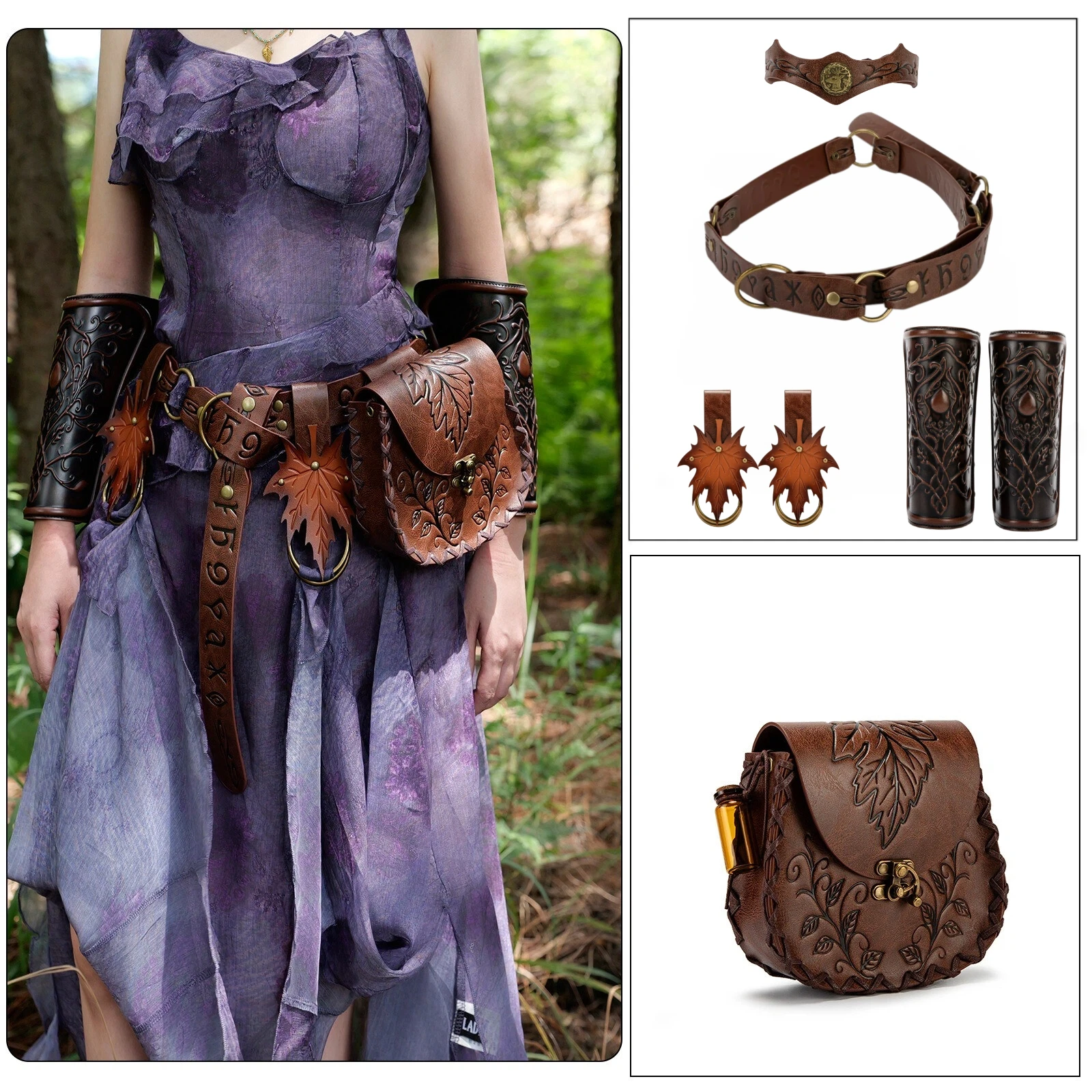 Medieval Cosplay Accessories Vintage PU Leather Belt with Waist Bag Pendant Headwear Bracer Set Renaissance Viking Cos Props