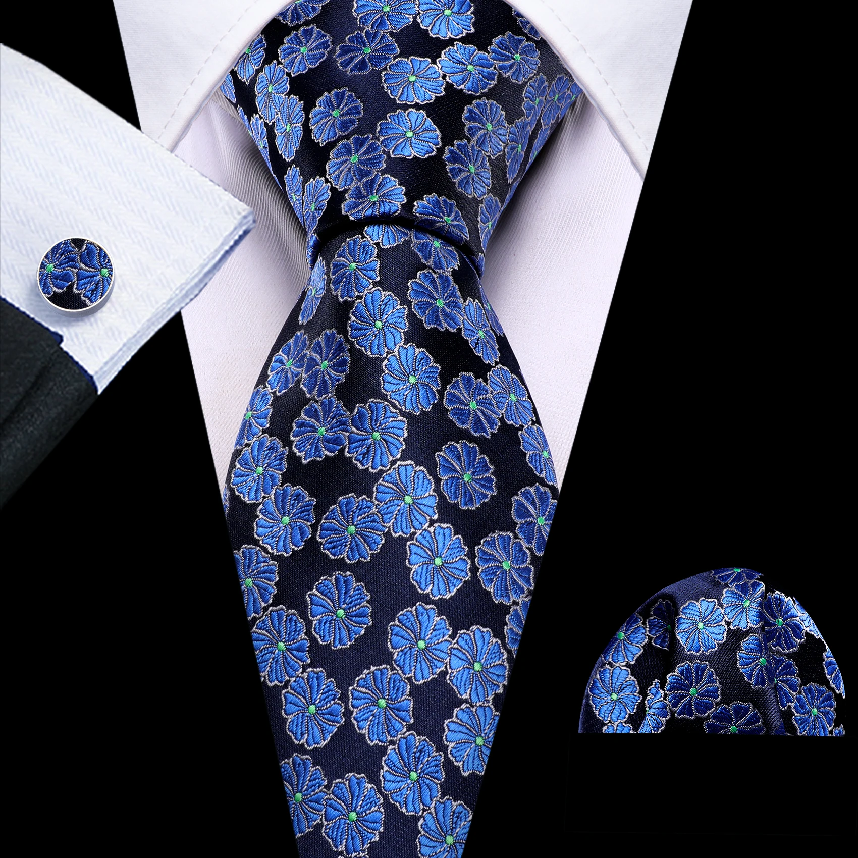 Erra. Wang-Ensemble de boutons de manchette et mouchoir pour hommes, bleu royal, motif floral, idéal pour une fête de mariage ou un anniversaire, 6501