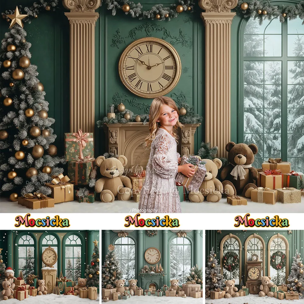Mocsicka винтажный зеленый рождественский фон для комнаты, часы для фотосъемки, рождественская елка, игрушка, медведь, подарок, фон, зимний детский семейный фон для фотобудки