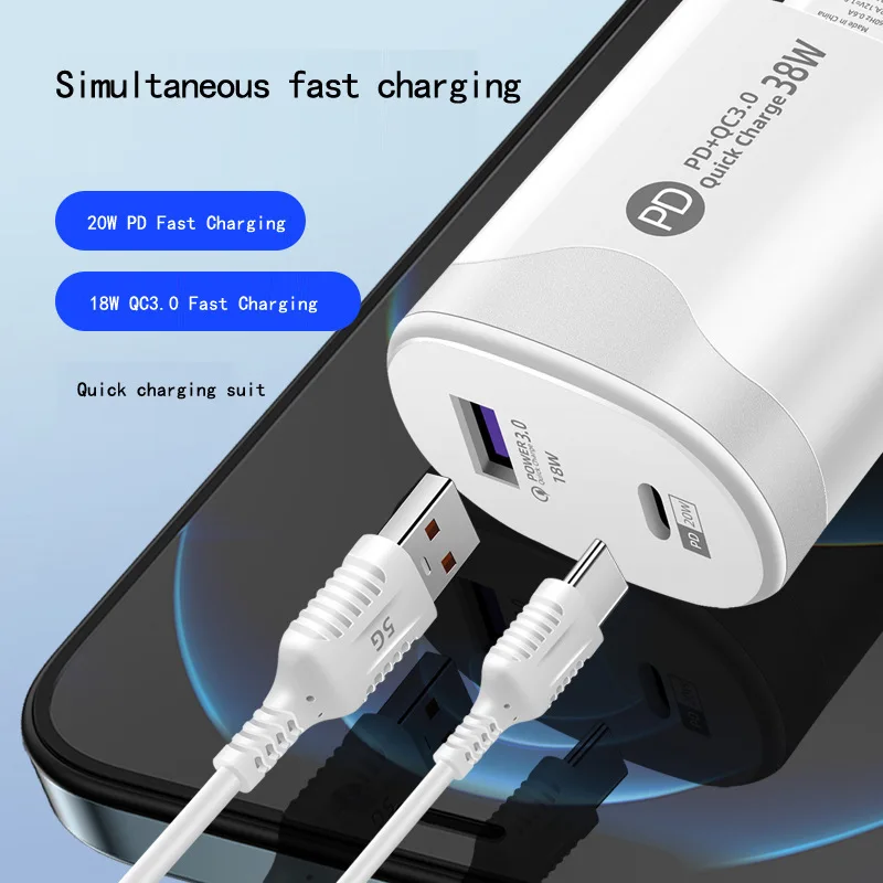 Chargeur mural à double port Charge rapide American Standard PD20W Power3.0 Adaptateur de charge rapide avec câble USB de type C