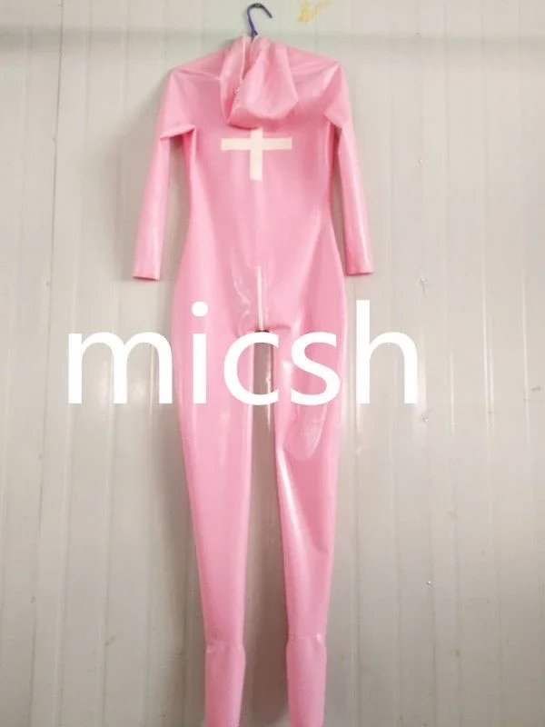 fetishism Latex Rubber Gummi Kostüm Ganzanzug Catsuit Hood Pink Socks Anzug Size XS-XXL