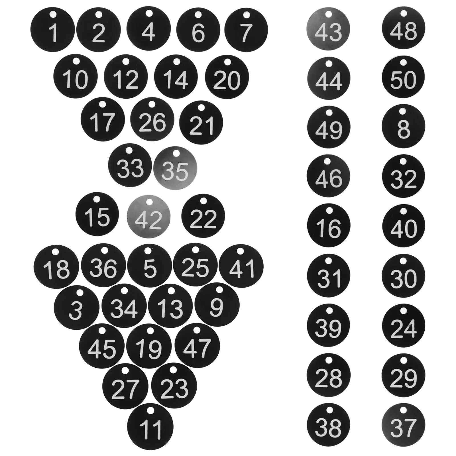 

50 шт. цветных пластиковых номерных бирок с гравировкой 1-50, гладкая поверхность, круглый отверстие, для ключей, багажа, спортзала, бассейна, организации хранения