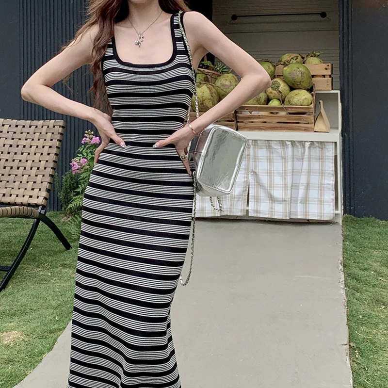 

Women Retro Stripe Knitted Dress Sleeveless Slim Dresses Bodycon Korean Dresss