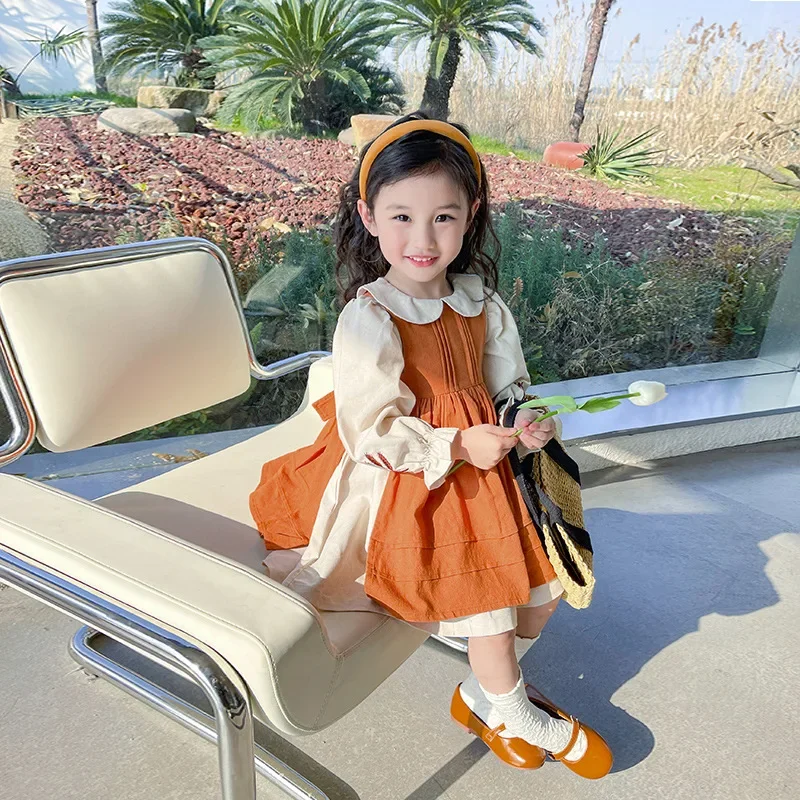 French Style Spring Autumn Girls Dresses Color Contrasting Two Pieces White Bottoming Shirts Brown Striped Causal Dress