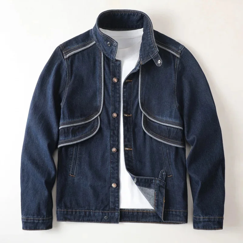 2025 fall and winter new high-end American retro loose jacket personalized splicing men's denim tops blue plus size clothi