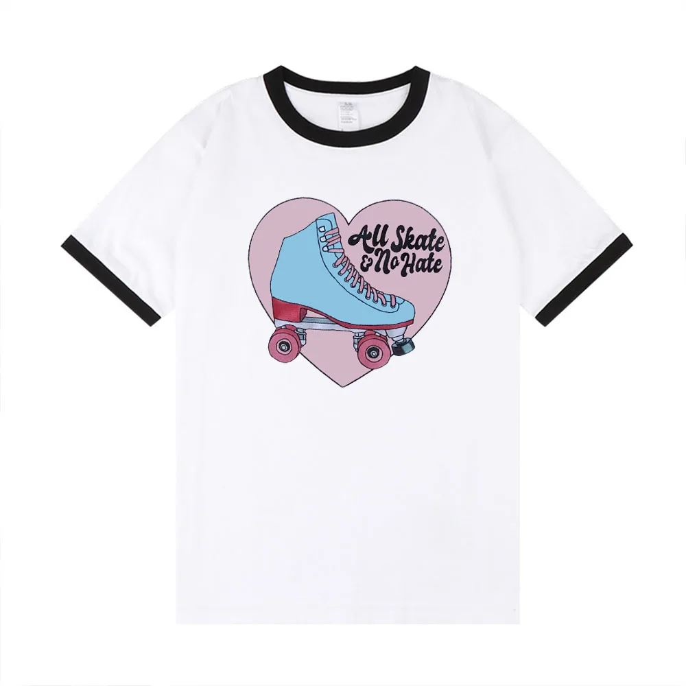 All Skate No Hate Cute Printing Graphic Women T Shirts Summer Short Sleeve White Vintage Ringer Tees Loose Cotton Casual Shirts