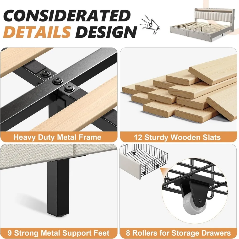 Cadre de lit Queen Size avec rangement et planche de sauna, cadre de lit King avec rangement, sans bruit, sans ressort mécanique nécessaire, cadres de lit