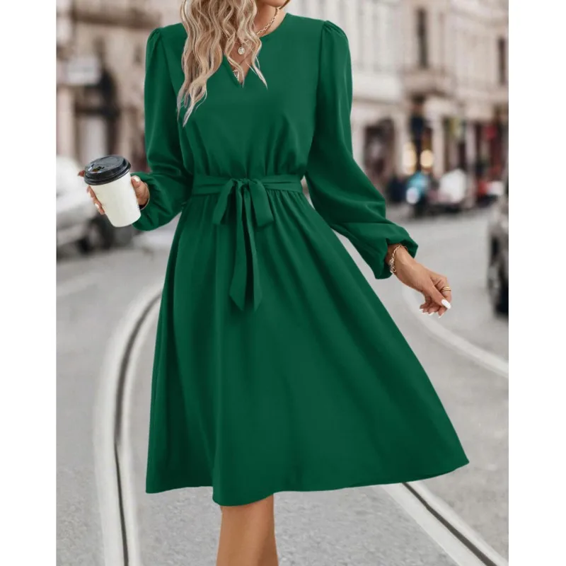 2024 Lady Green Dress Casual Pullover Midi Dress Korean Clothes Women Pullvoer Vestidos Robe Femme Chic Et Élégante Streetwear