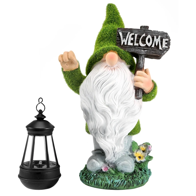 Flocking Gnome Solar Garden Statues Outdoor Decor Flocked Gnome With Solar Lantern Figurine Dwarfs Jardim Yard Ornaments