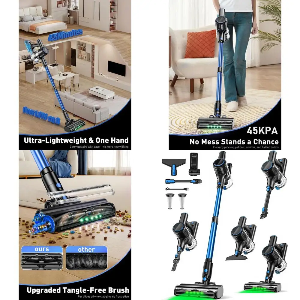 

Беспроводной пылесос 8-в-1 для дома, 45 минут работы от аккумулятора, защита от запутывания, LED-дисплей, подсветка для сбора шерсти животных, ковров и полов (синий)