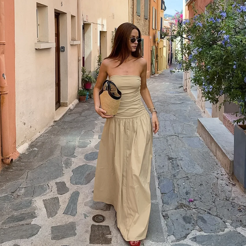 

BKLD Sexy Pure Cotton Slim Fit Pleated Sleeveless Dress Clothes For Women Solid Color Fashion Elegant Strapless Evening Dress