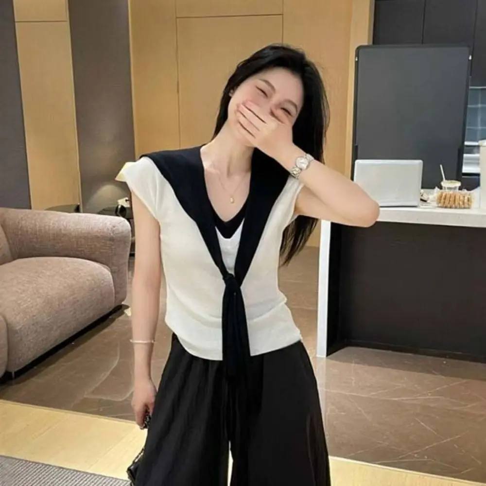 

Lace-up Fake Two Pieces T-shirts V-neck Short Sleeve Slim Knit Crop Top Patchwork Korean Style Sweet Girl's Tees Top Summer