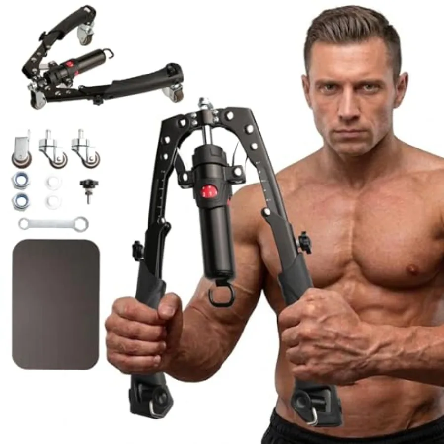 Hydraulic Arm Trainer, Chest Muscle Exerciser with 15-Level Adjustable Resistance and Ab Roller, Portable 5-in-1 Home Gym Equip
