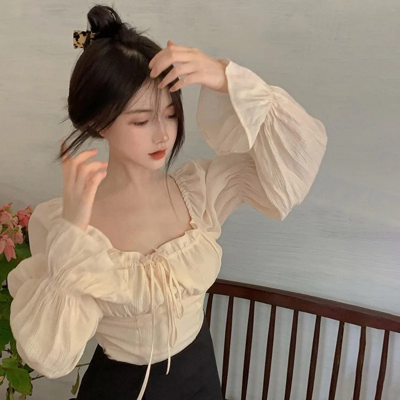 Spring Women Puff Sleeve Square Collar Blouses Fashion Elegant French Romantic Breathable Floral Chiffon Shirt