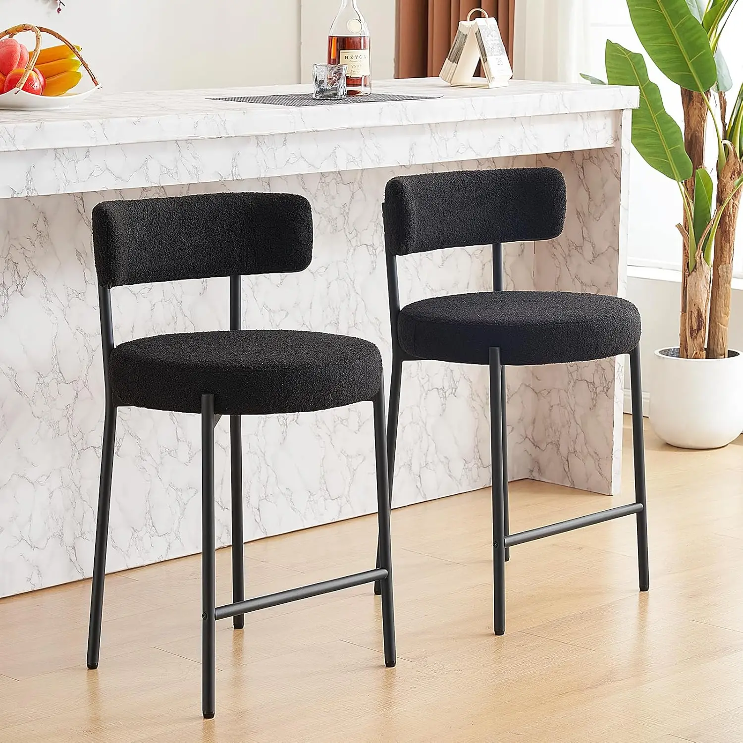 

Furnilivng 24'' Bar Stools Set of 2, Modern Boucle Counter Height Bar Stools with Curved Back and Black Metal, Customized