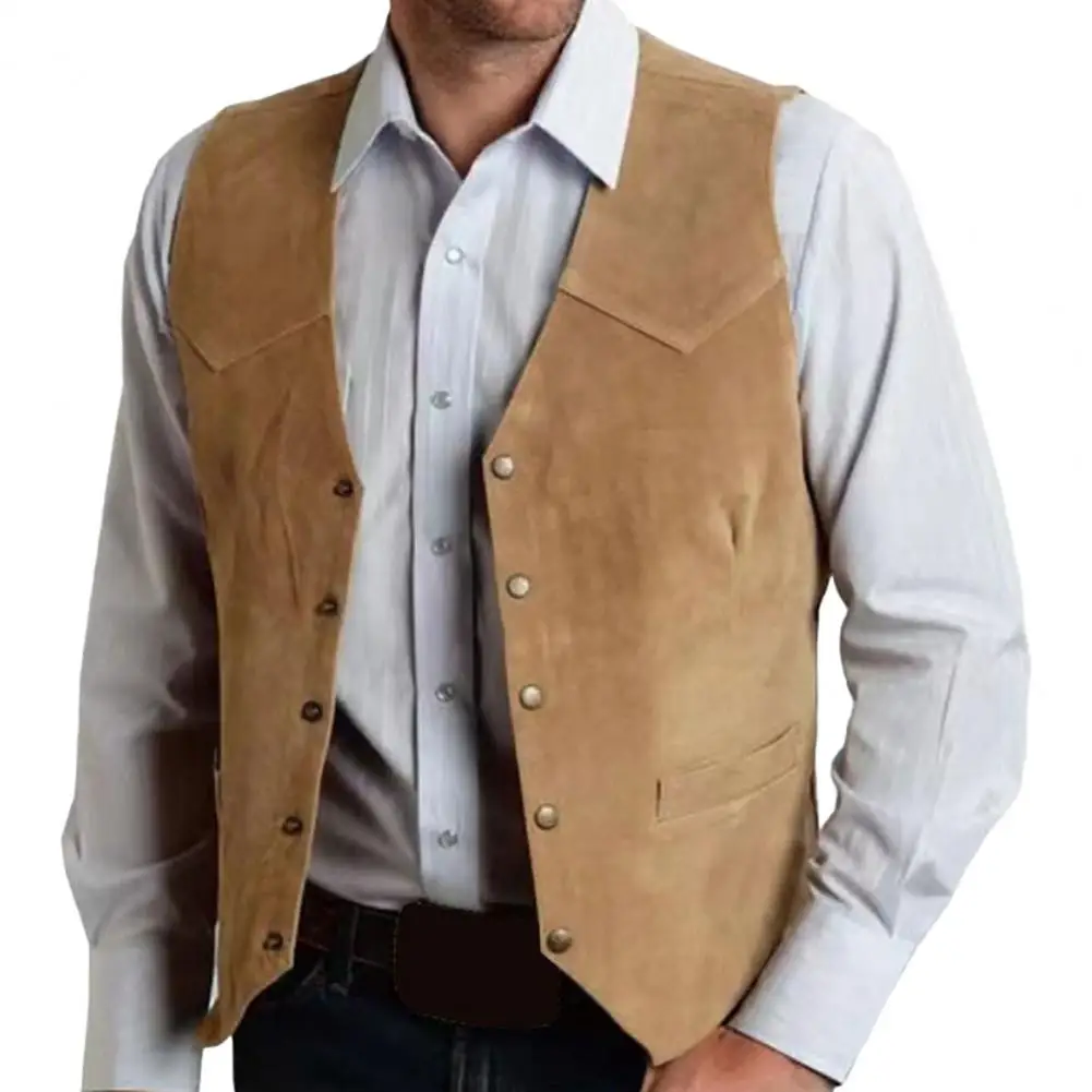 Men Old West Style Vest Old West Style Men's Collarless V-neck Waistcoat with Pockets Formal Business Suit Jacket Single