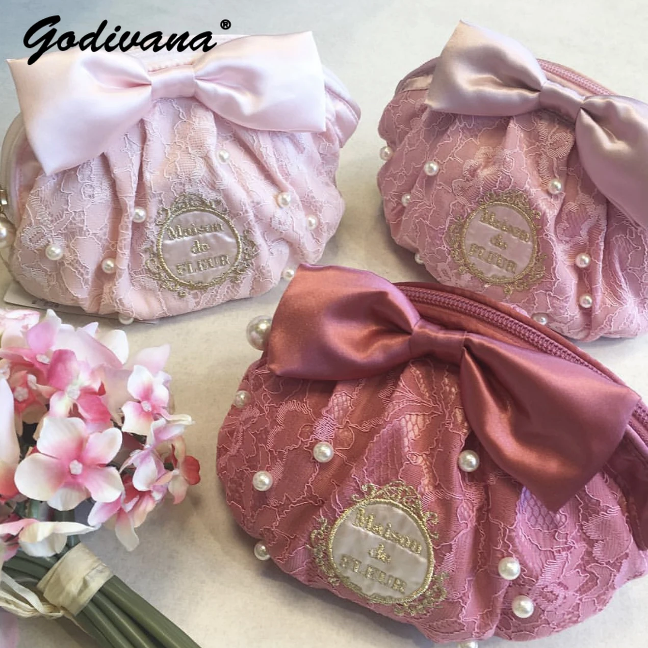 Japanese Style Sweet Big Bow Lace Large Pearl Dumpling Shape Round Makeup Storage Girl Women's Clutch Mini Bags