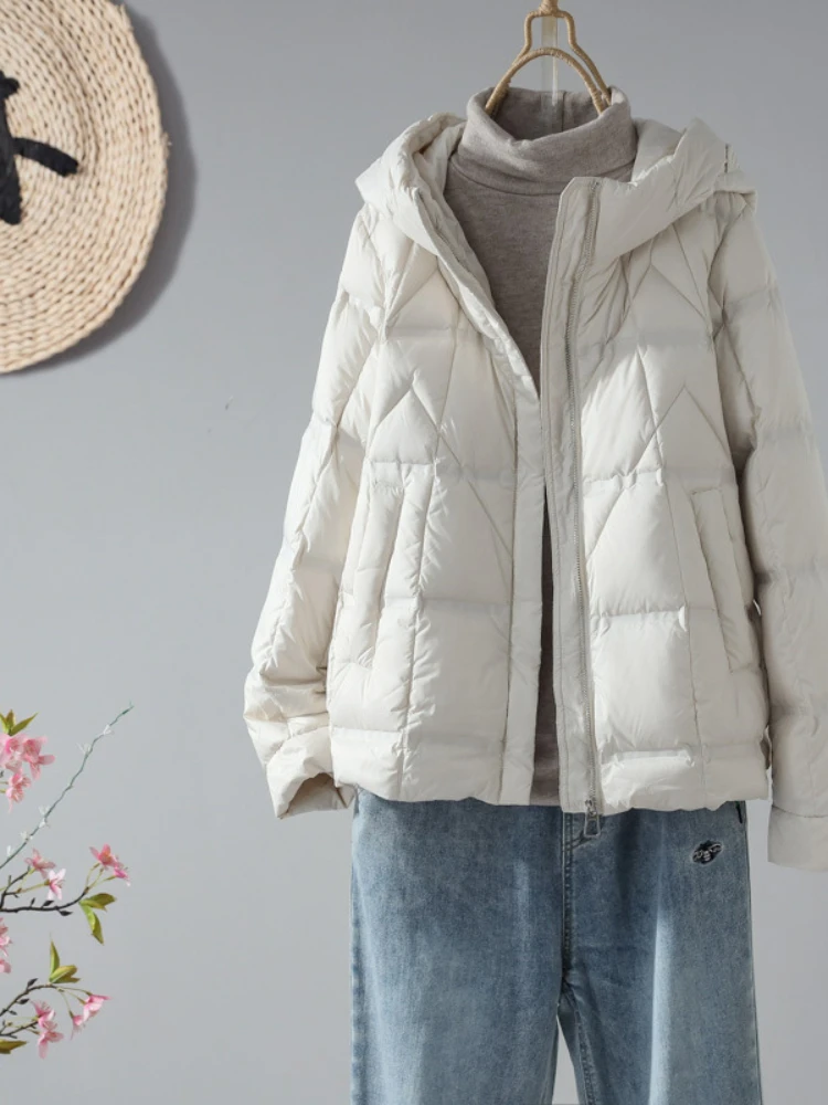 Women Thin Style Ultra Light White Duck Down Jacket With Hood 2023 New Autumn Winter Outwear Casual Loose Fashion Warm Coat