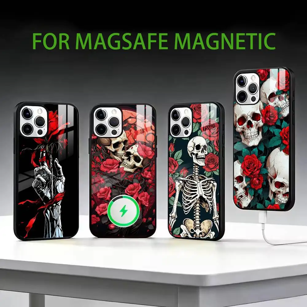

R-Red Rose Skull Phone Case For iPhone17,16,15,14,13,12,11 Plus,Pro Max Magnetic For Magsafe Wireless Charging