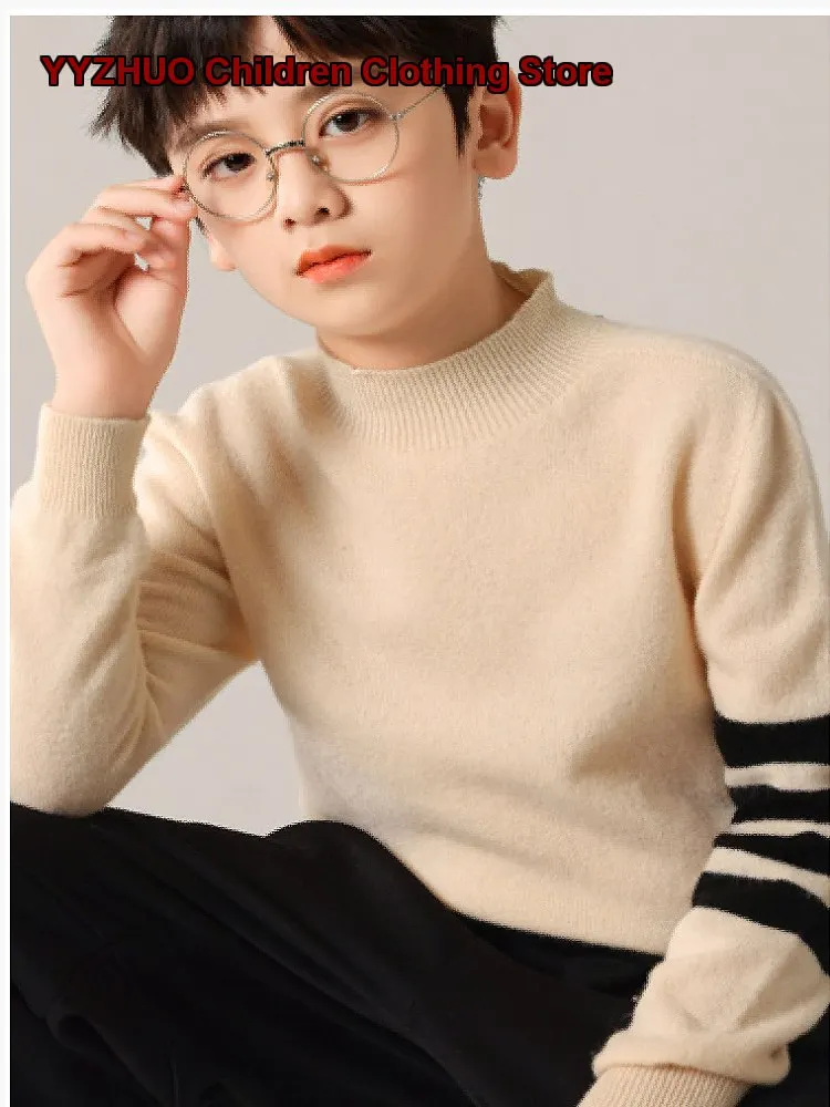 Boys Base Layer Top Kids Autumn Winter Mock Neck Knit Top Striped Pattern Thin Cashmere High Neck