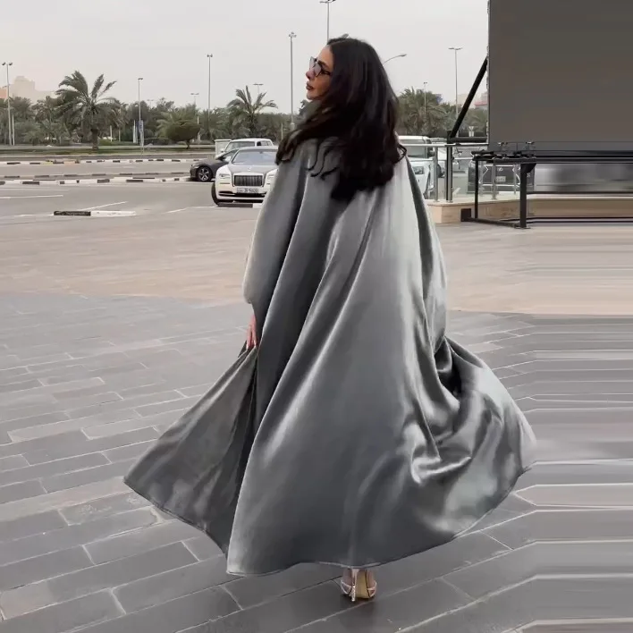 Muslim Fashion Bright Silk Satin Batwing Sleeve Open Abaya Solid Oversized Arab Dubai Moroccan Kaftan Corban Eid Al Adha Robe