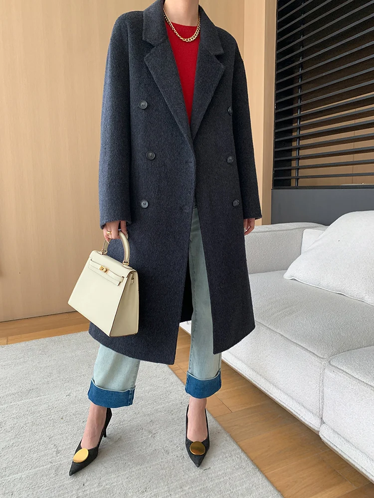 [EAM] Oat Color Big Size 82.9% Wool Woolen Coat New Lapel Long Sleeve Women Jacket Fashion Tide Autumn Winter 2024 1DH7558