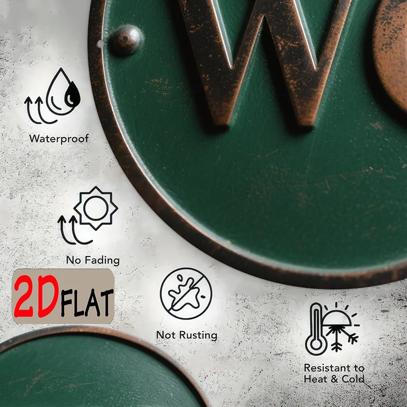 2D Vintage Metal WC Sign, Green Copper Lettering, Round Aluminum Outdoor Plaque, European Classic Style for Restroom Decor and G