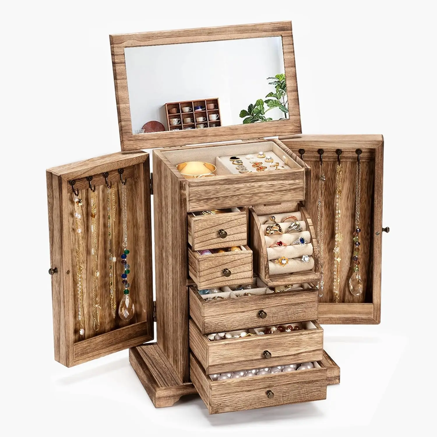 Jewelry Box for Women, Rustic Wooden Jewelry Boxes & Organizers with Mirror & Drawers,6 Layer Jewelry Organizer Box for Rings Earrings Necklaces Bracelets (Carbonized Black)
