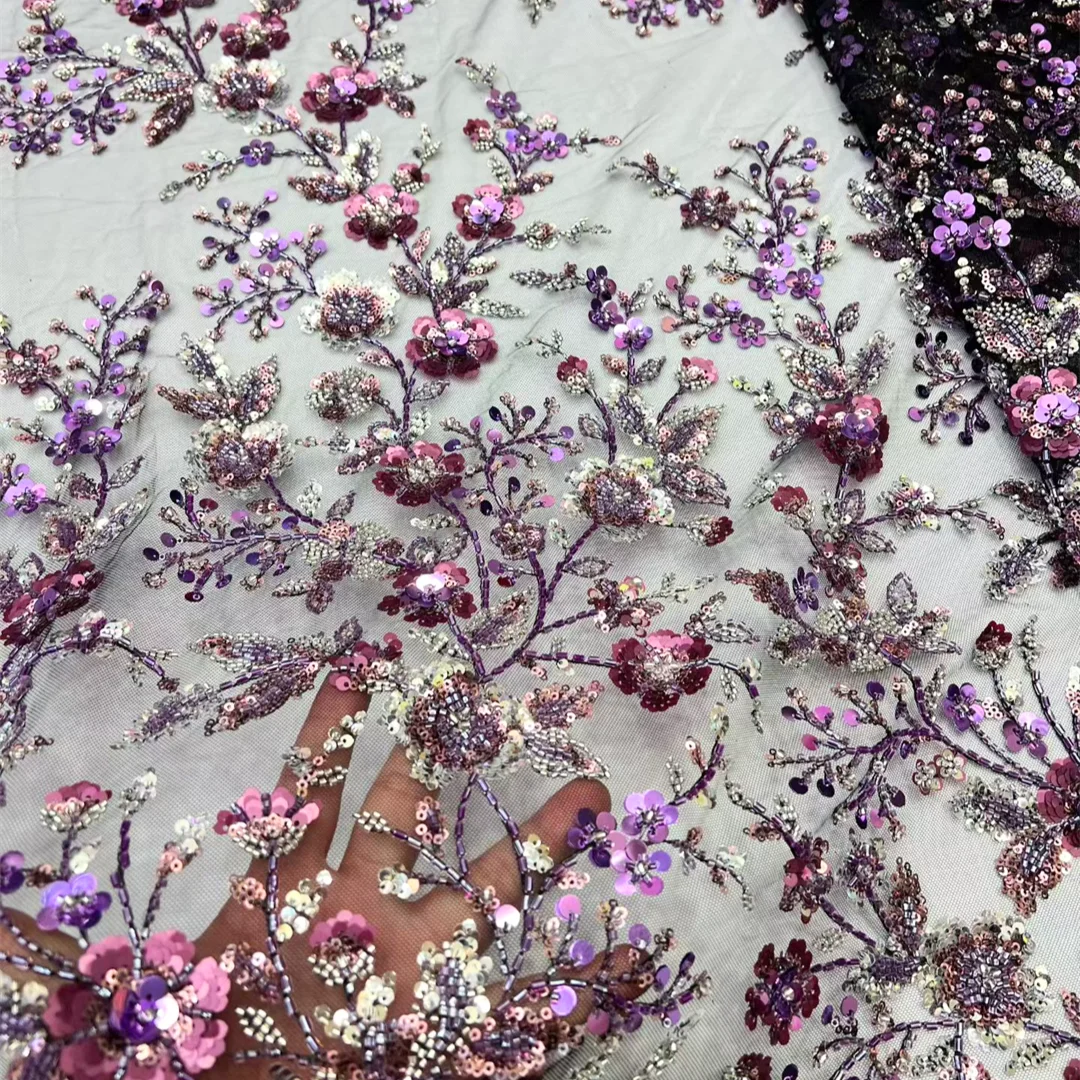 

Purple Sheer Lace Fabric With Floral Beaded Sequins Embroidery Wedding Party Dress African High Quality Luxury Sewing Material