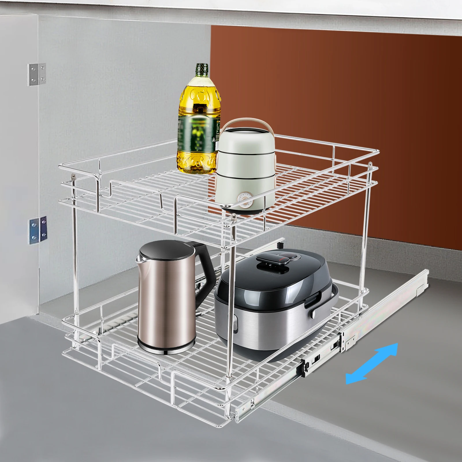 

2-Tier Chrome-Plated Pull-Out Cabinet Organizer 44lbs Space-Saving Shelves with Anti-Slip Rubber (Silver, 11.02lbs Lightweight)​
