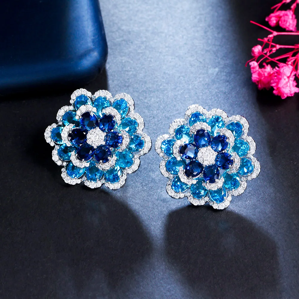 ThreeGraces Beautiful Blue CZ Zircon Silver Color  Big Flower Stud Earrings for Women Luxury Wedding Engagement Jewelry E1792