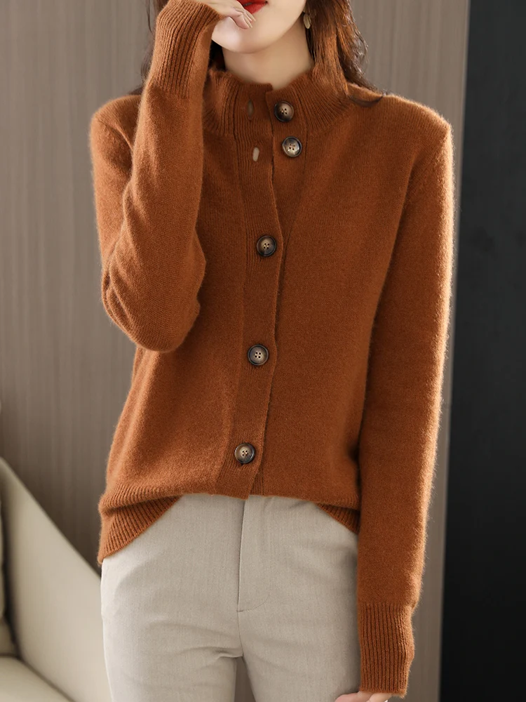 Cardigan en laine mérinos pour femme, pull à col montant, vêtements en cachemire pour femme, manteau de mode coréenne, optique, automne, hiver, 100%