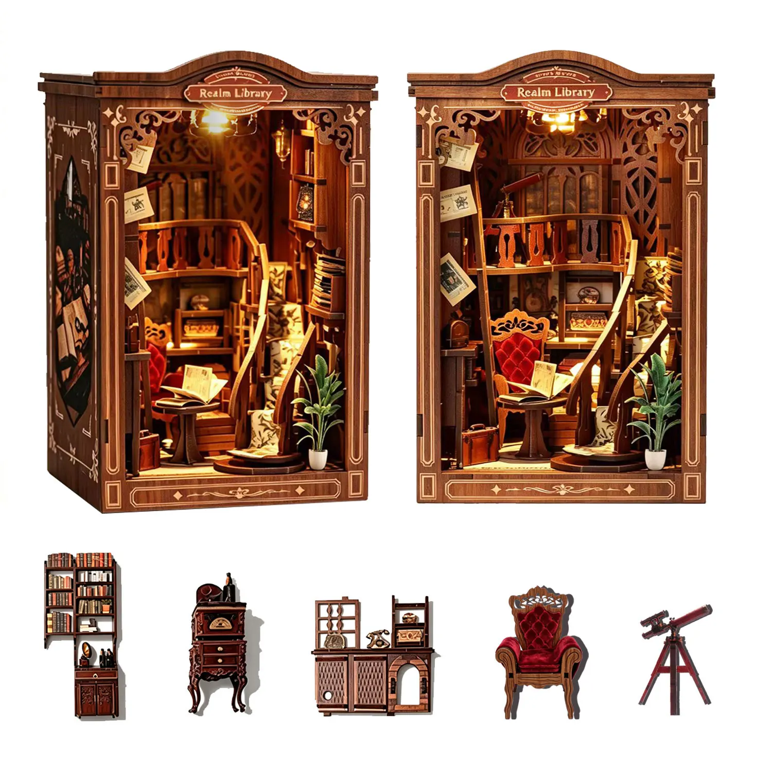 3D Book Nook Puzzle Wooden Dollhouse Model Kit for Adults DIY Miniature House Creative Home Decor Display Realm Library Gift for Birthday Christmas