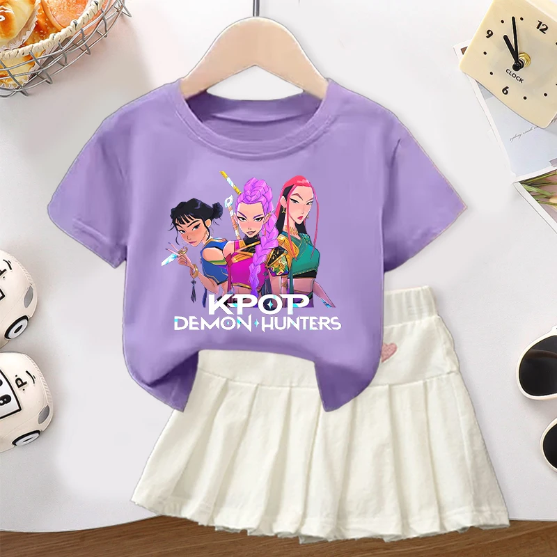 

2pcs K-pop Demon Hunters Skirt T-shirt Suit for Girls Anime Cartoon Cute Dress Top Set Children Summer Fashion Sweet Skirts Gift