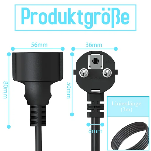 Imagen 2 del producto Cable de extensión de alimentación UE de 2/3/5 metros, Cable de extensión de enchufe Schuko de 250V/16A, Cable de alimentación de extensión de enchufe macho a hembra para PC