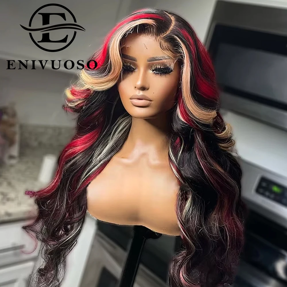 Red Blonde Highlight 13X4 Synthetic Lace Front Wigs For Black Women Multi Color Skunk Stripe Body Wave Lace Wigs Pre Plucked