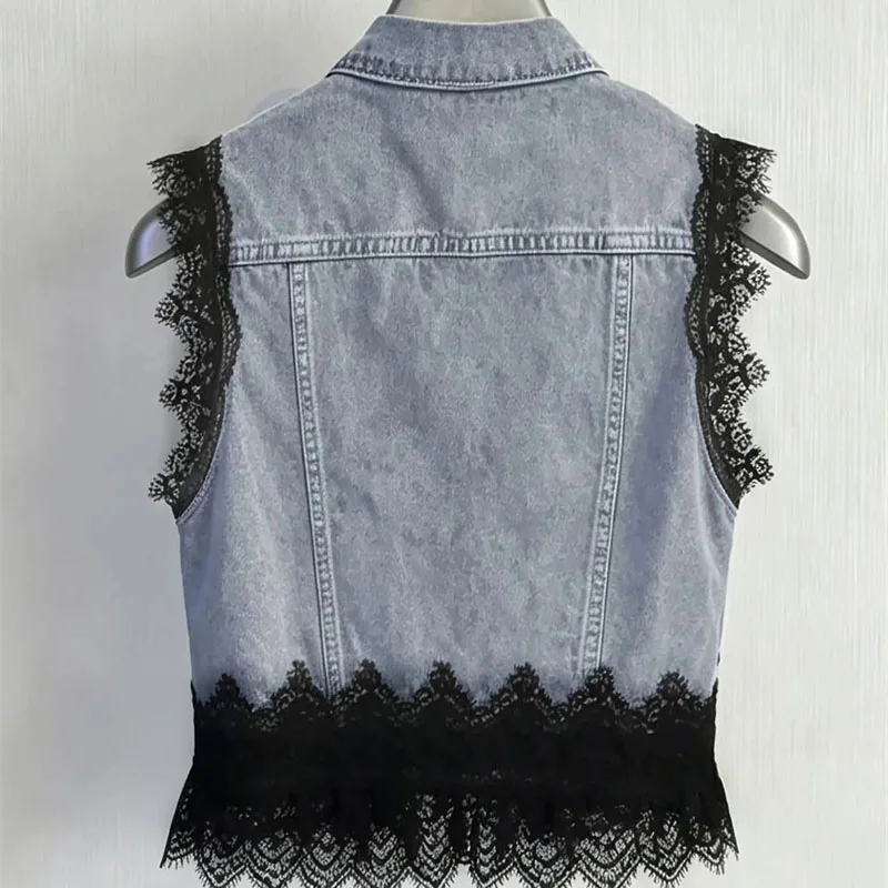 2026 New Trendy Heavy Industry Lace Splicing Cowboy Vest Women's Summer Loose Stacked Sleeveless Tank Denim Jacket Top Coat