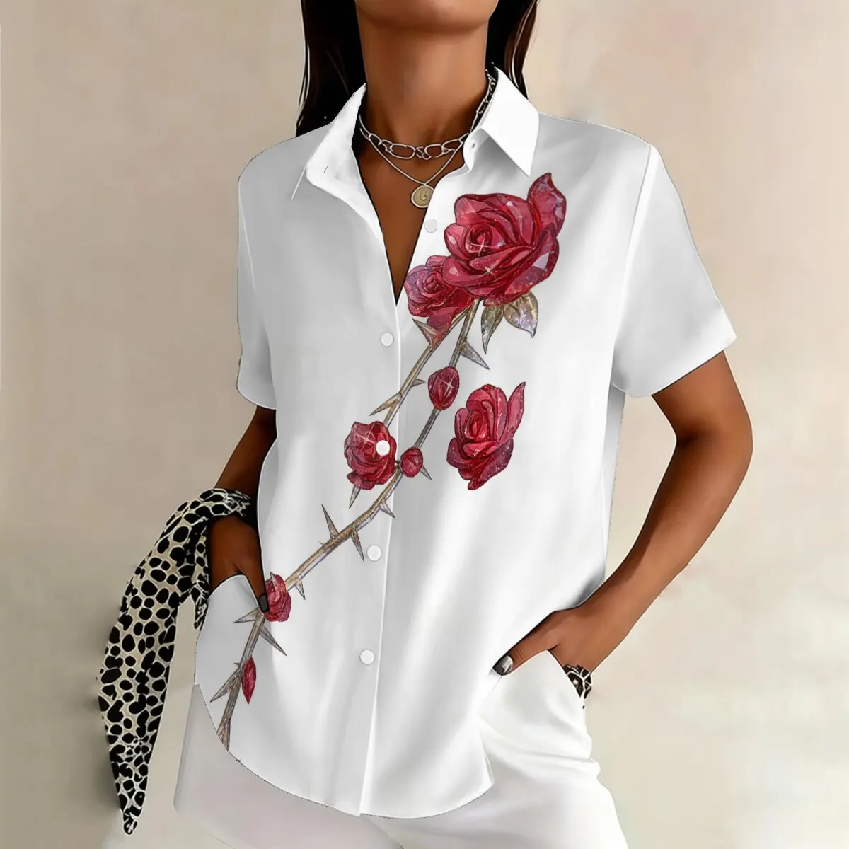

Women's summer plus-size short-sleeve shirt with unique rose design,elegant for outings,dates,parties and social occasions.