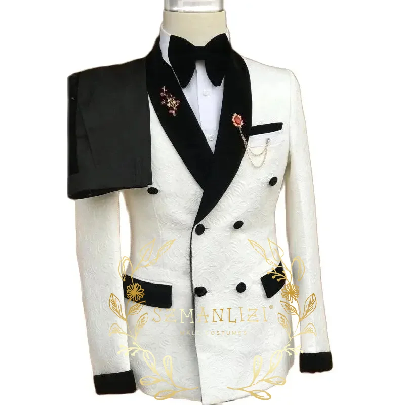 

White Floral Wedding Suits For Men 2 Pieces Double Breasted Slim Fit Formal Business Groom Wear Suit (Blazer+Pant) Costume Homme