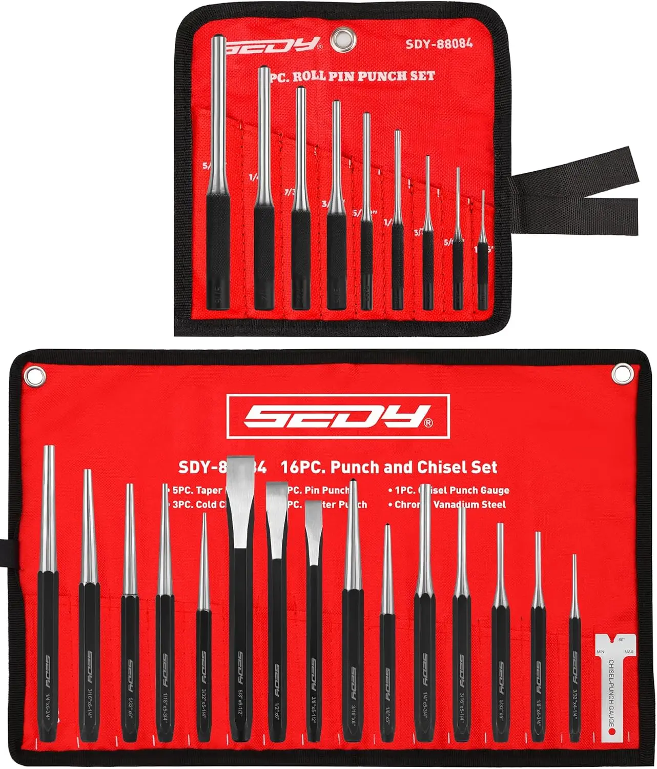 25Pc Punch & Chisel Set, Roll Pin, Taper, Center Punches & Cold Chisels, Chrome Vanadium Steel for Auto Metal Craft