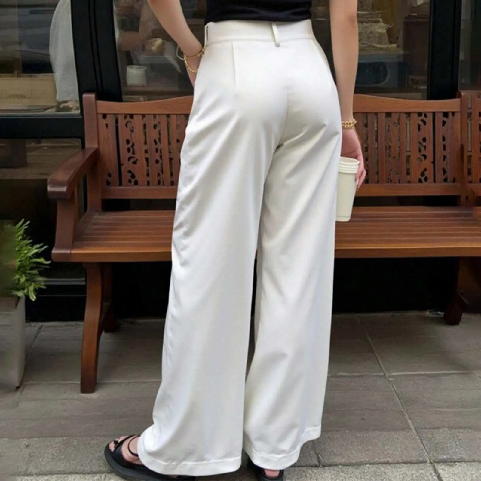 Białe spodnie codzienne damskie, spodnie do pracy, wyszczuplające spodnie z szerokimi nogawkami, modne, z wysokim stanem, inne materiały, 00%