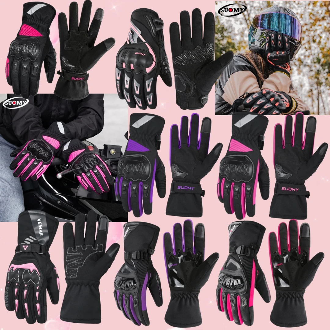 Фиолетовые/розовые зимние перчатки для женщин — водонепроницаемые и ветрозащитные с сенсорным экраном для поездок на велосипеде и мотоцикле (XS-XXL)