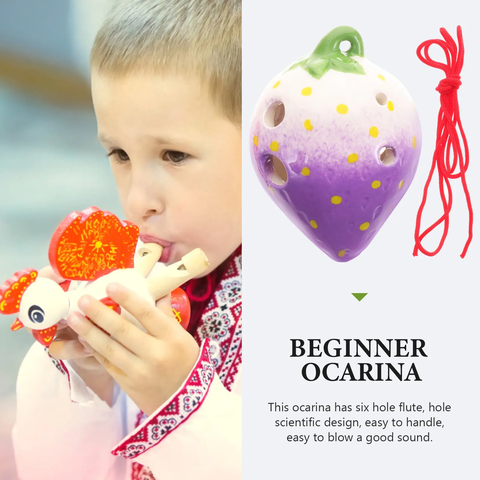 1 Juego de Ocarina de Cerámica con Forma de Fresa, 6 Orificios, Instrumento de Viento para Principiantes, Instrumento Musical Pequeño, Bonito y Portátil